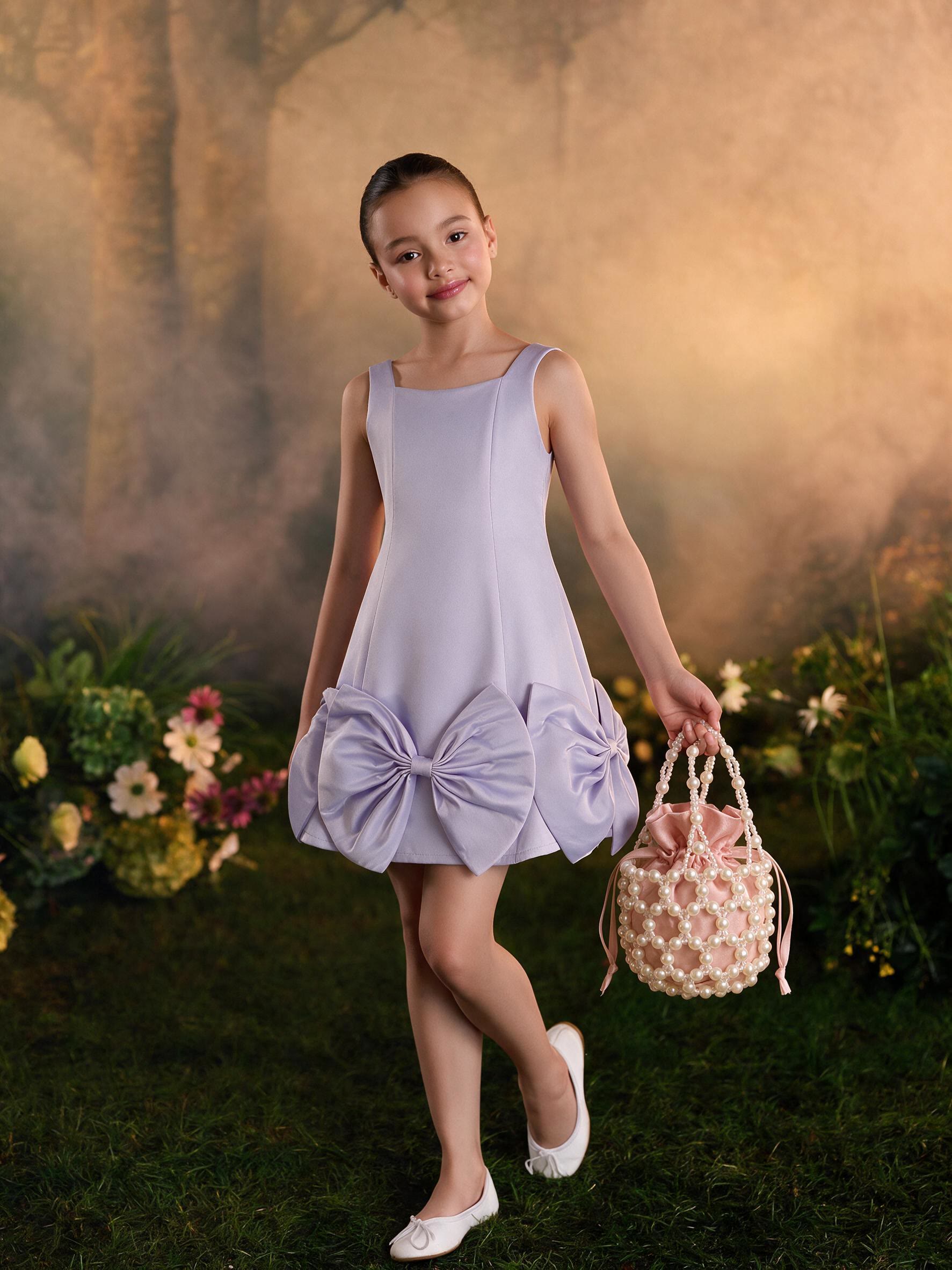 Satin Bow Sleeveless Midi Dresses - Light Purple - 12Y - image 1
