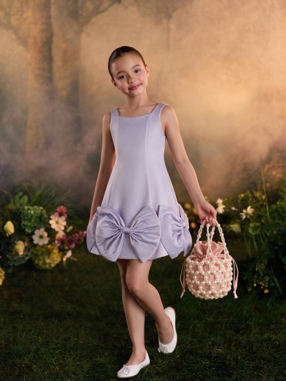 Satin Bow Sleeveless Midi Dresses - Light Purple - 12Y - image 1