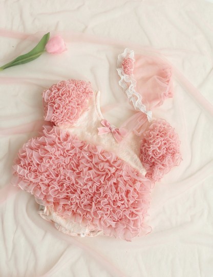Mesh Bow Short Sleeve Short Bodysuit With Hat - image 2
