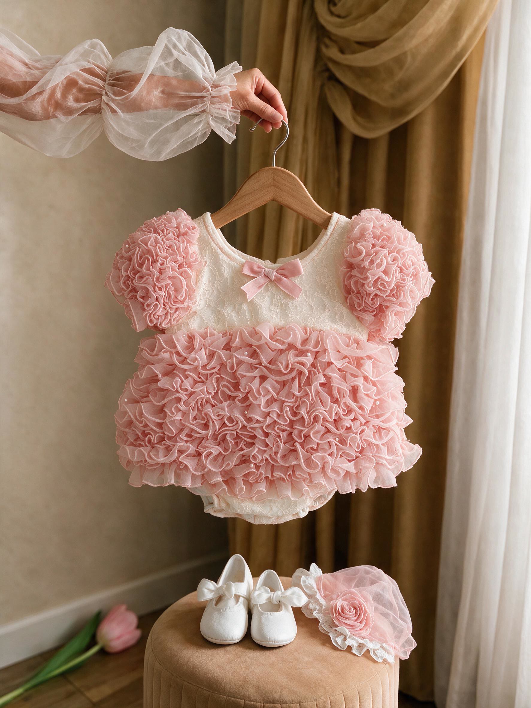 Mesh Bow Short Sleeve Short Bodysuit With Hat - Pink - 8-12M - image 1