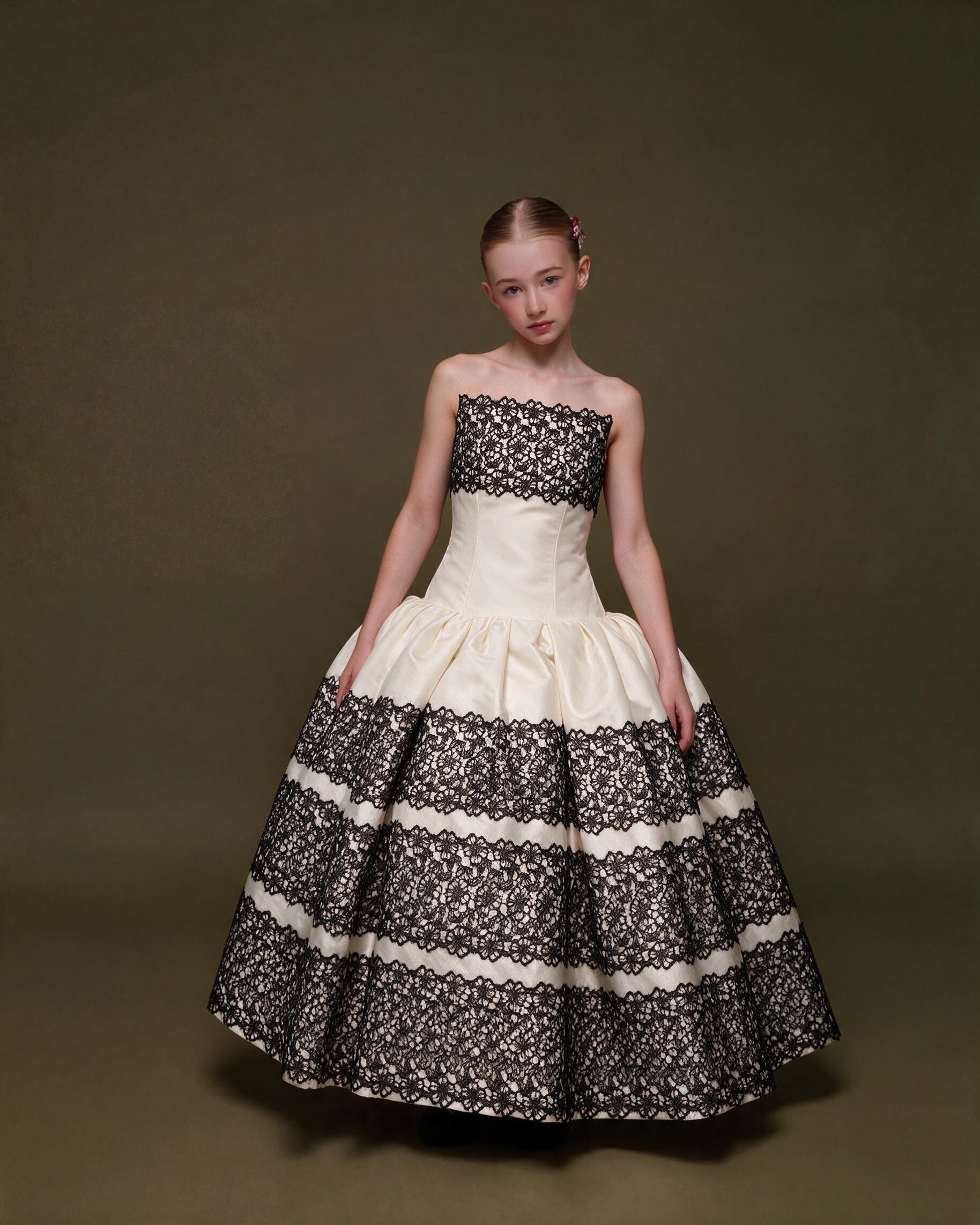 Satin Lace Edge Sleeveless Maxi Dresses - Beige & Black - 13-14Y - image 1