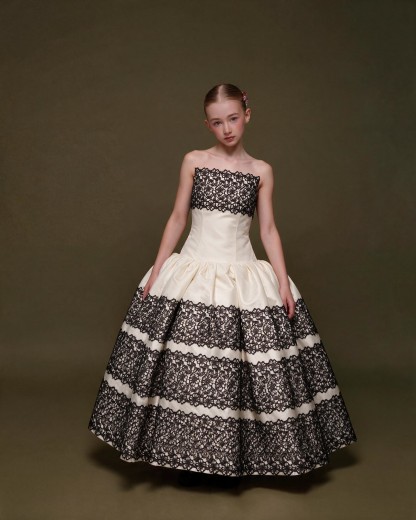 Satin Lace Edge Sleeveless Maxi Dresses - Beige & Black - 13-14Y - image 1