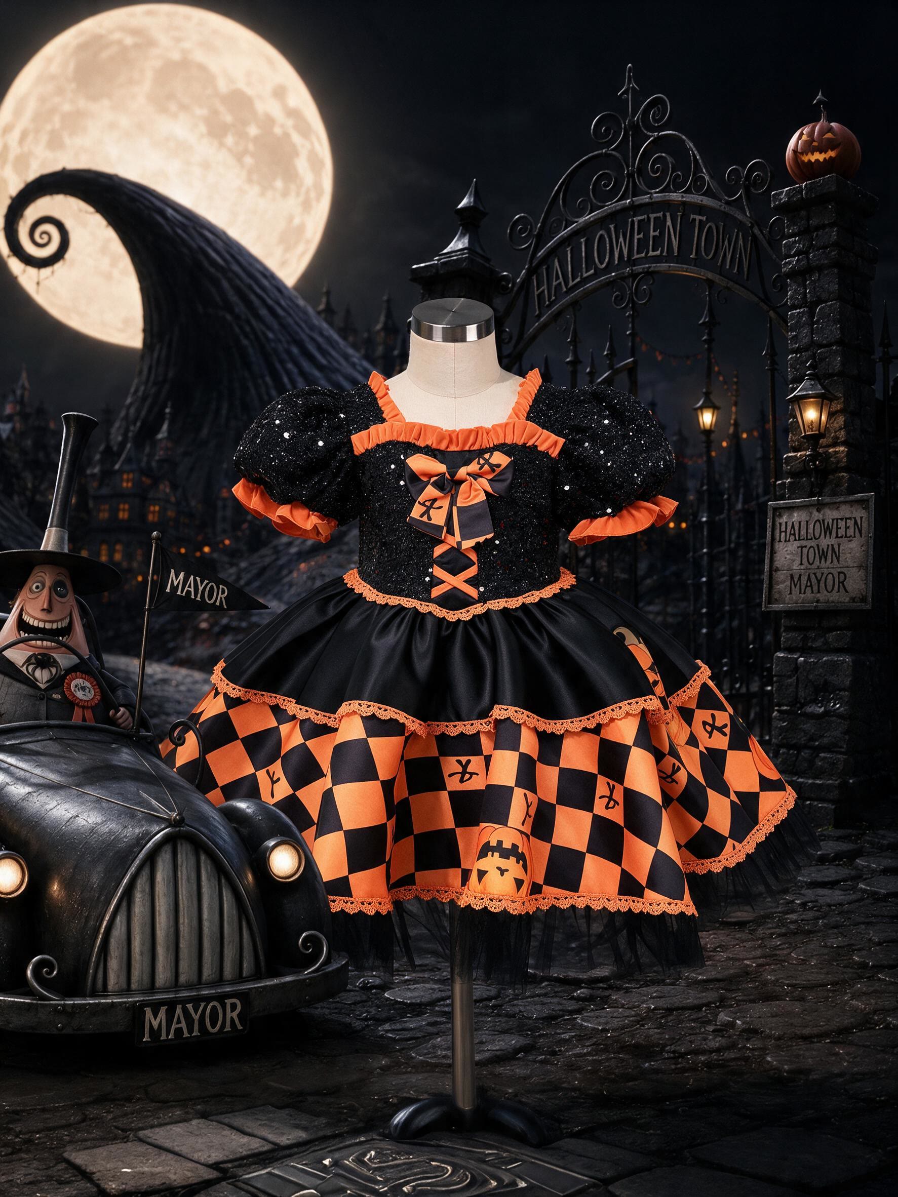 Satin Bow Short Sleeve Midi Dresses Without Hat - Black & Orange - 8Y - image 1