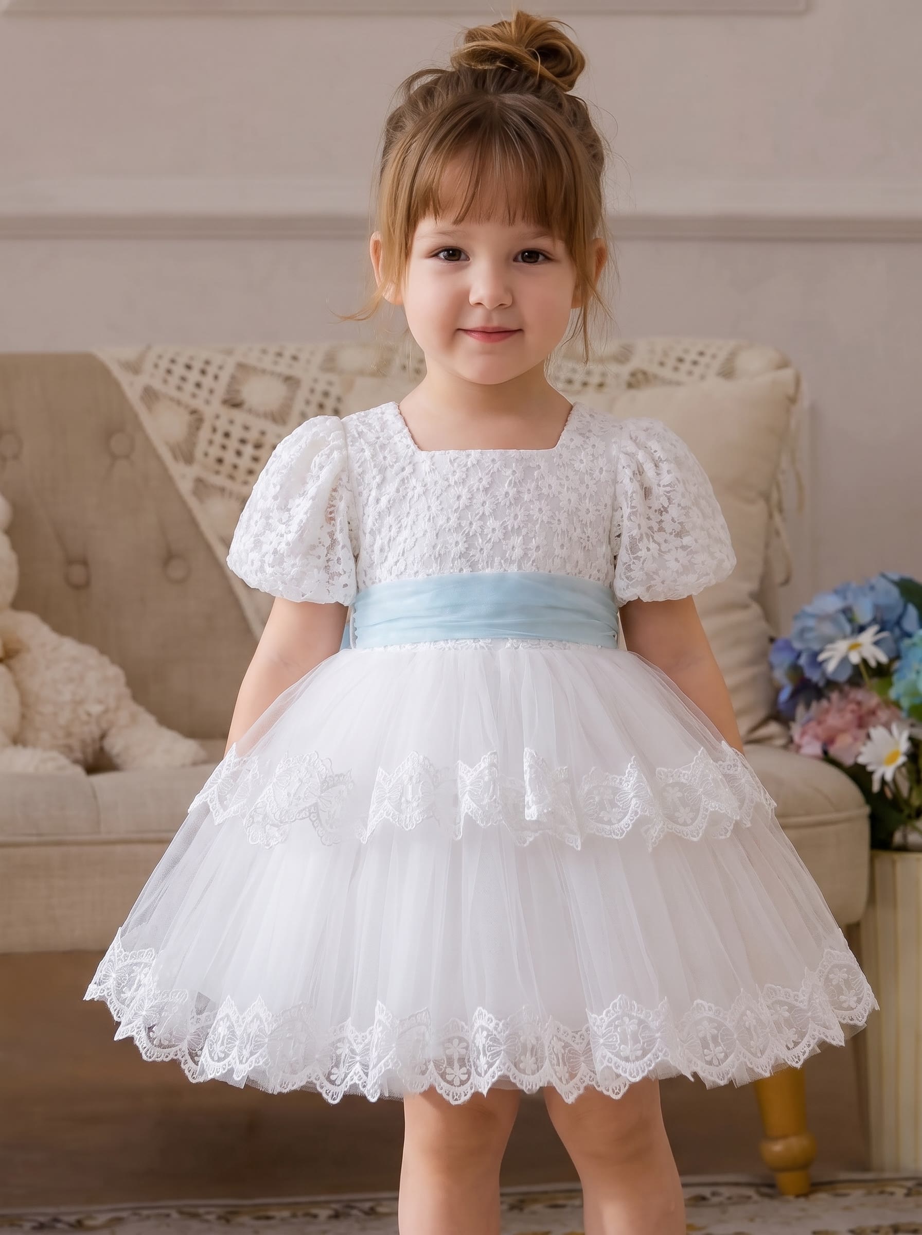 Mesh Bow Short Sleeve Short Dresses - White - 2-3Y - image 1
