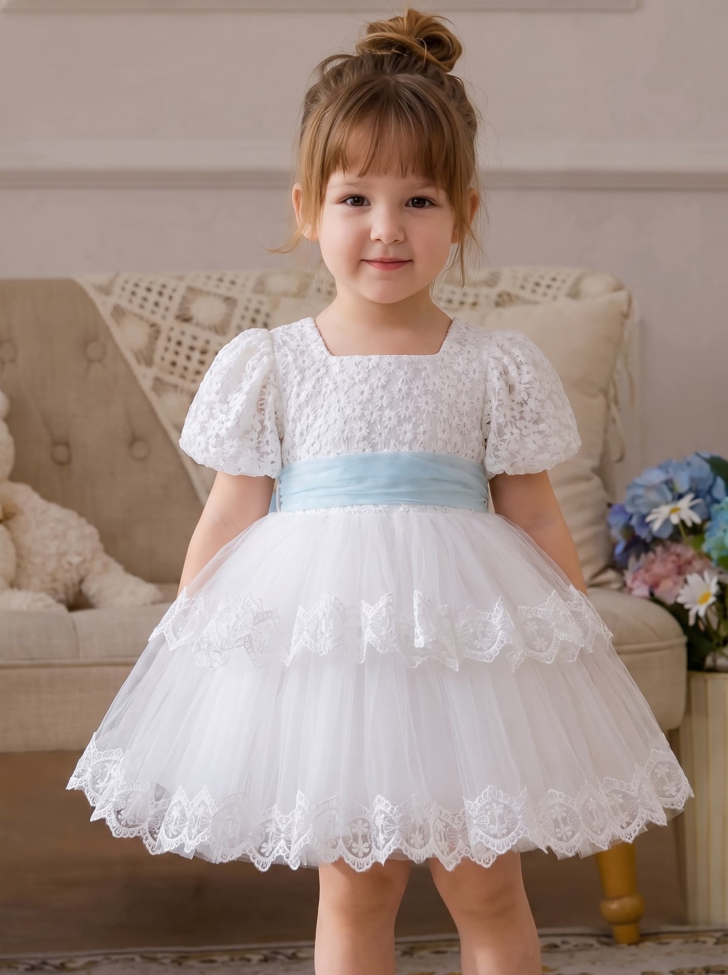 Mesh Bow Short Sleeve Short Dresses - White - 2-3Y - image 1