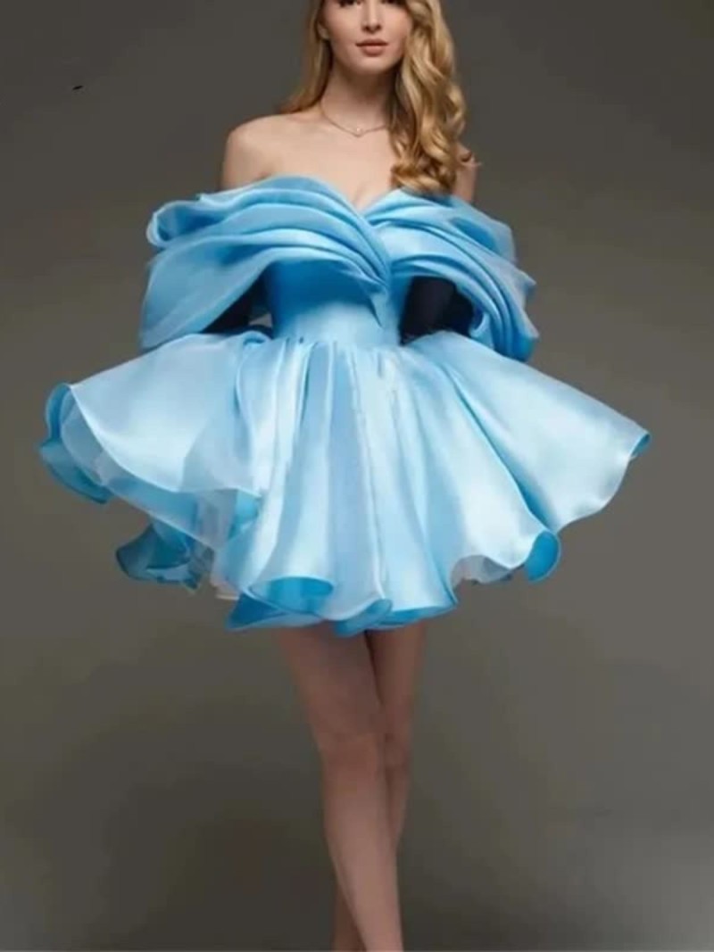 Women Satin Gathered Sleeveless Short Dresses - Sky Blue - US26W - image 6