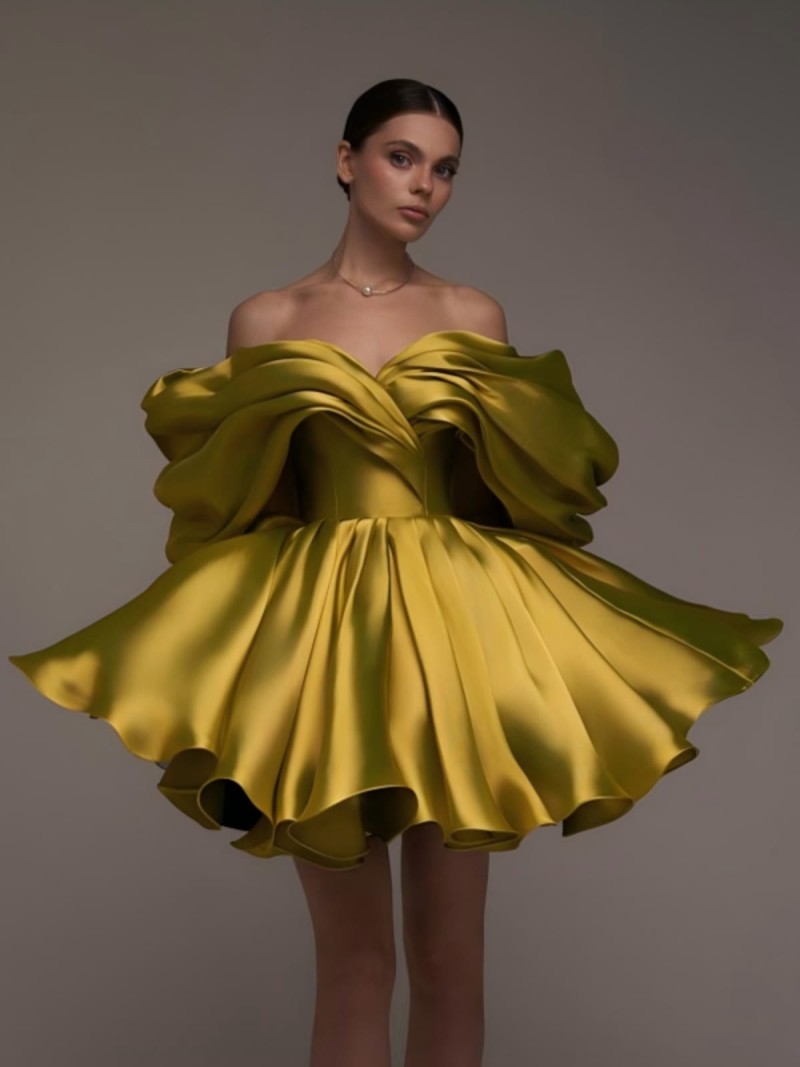 Women Satin Gathered Sleeveless Short Dresses - Gold - US26W - image 1