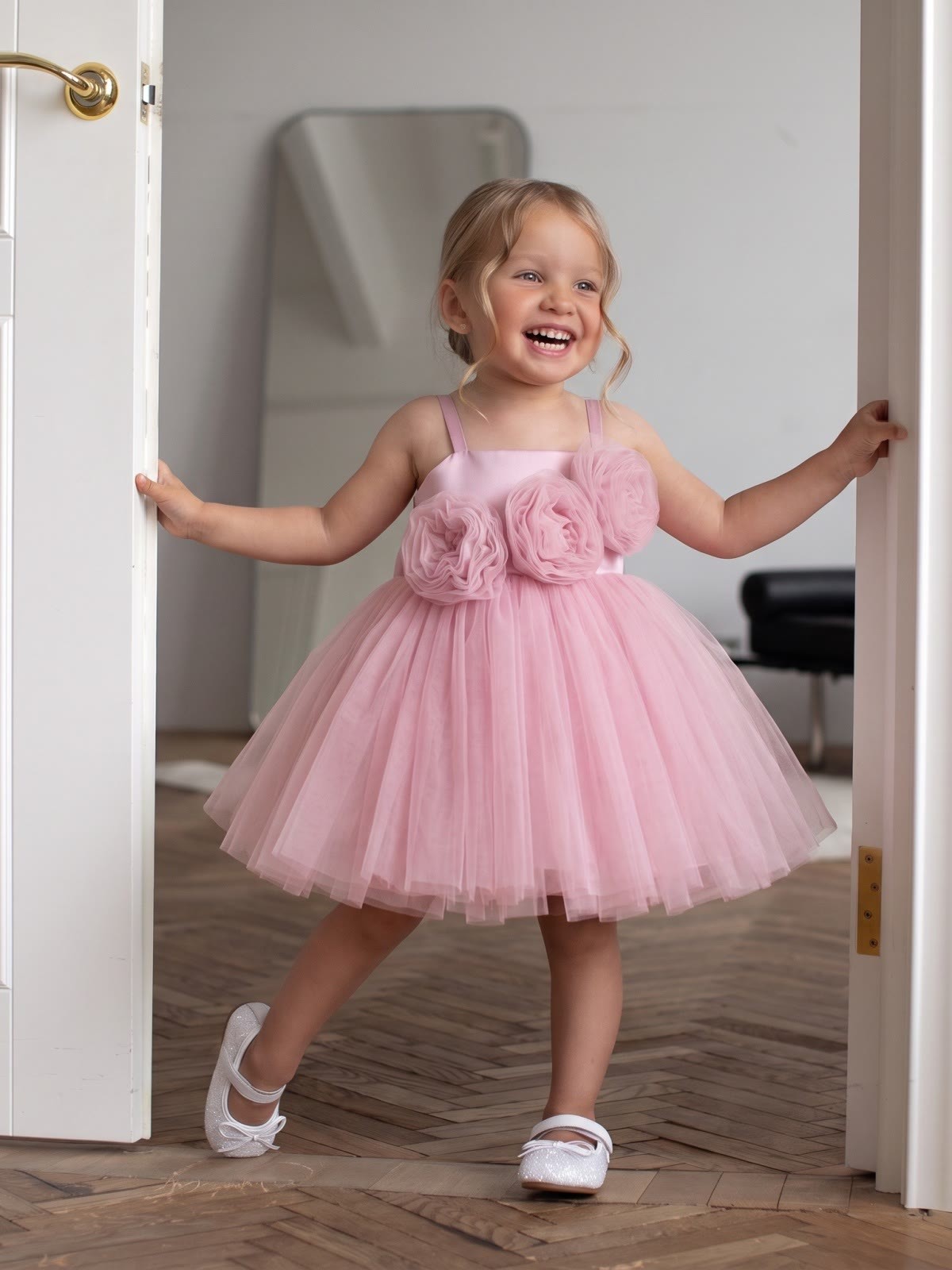 Mesh Rosette Sleeveless Short Dresses - Pink - 160cm - image 1
