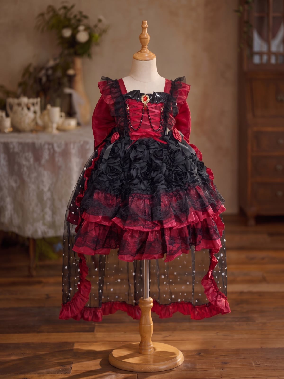 Mesh Rosette Sleeveless Short Dresses - Black & Red - 150cm - image 1