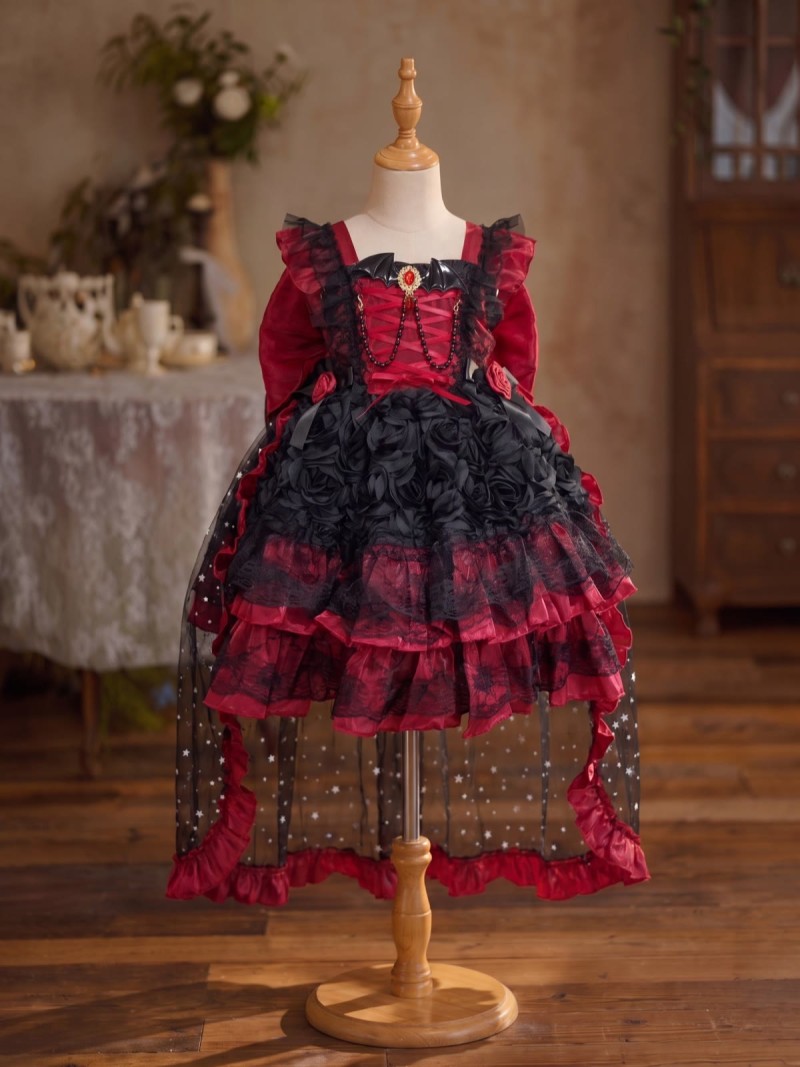 Mesh Rosette Sleeveless Short Dresses - Black & Red - 150cm - image 1