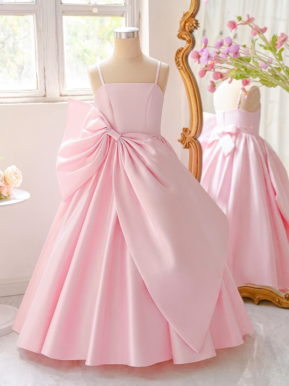 Satin Bow Sleeveless Maxi Dresses - Light Pink - 12Y - image 1