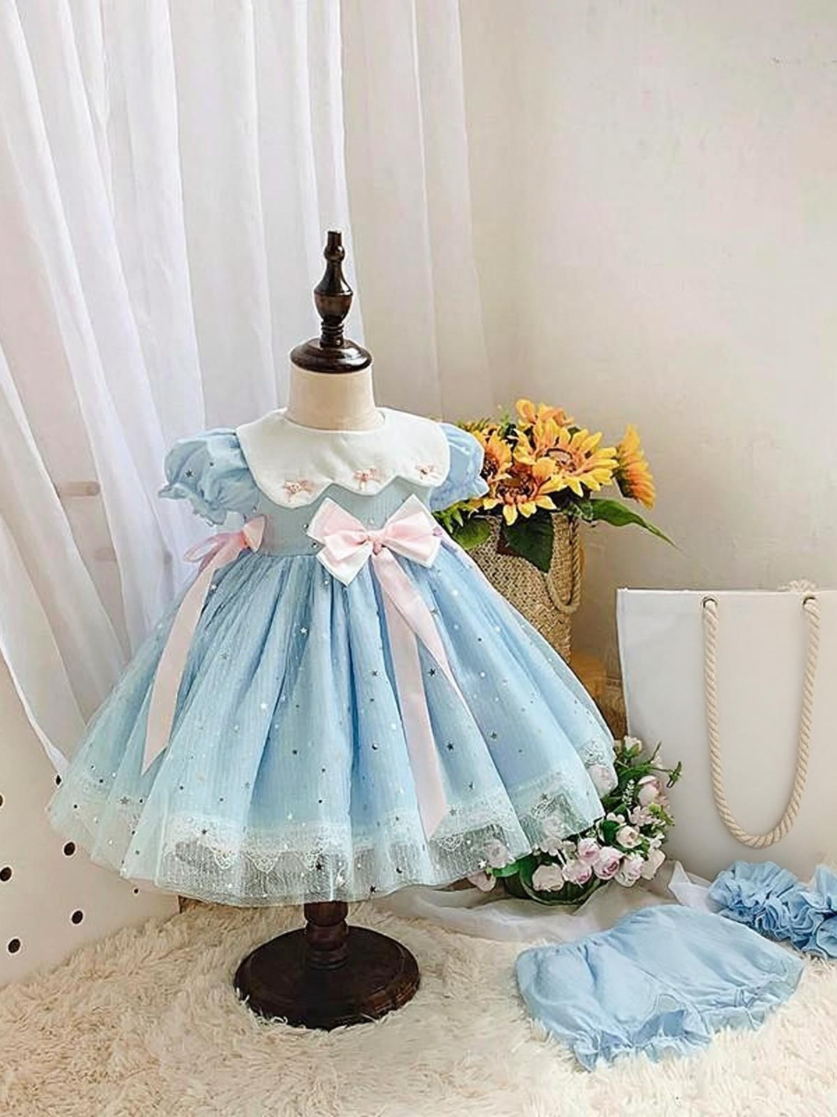 Mesh Bow Short Sleeve Midi Dresses - image 3