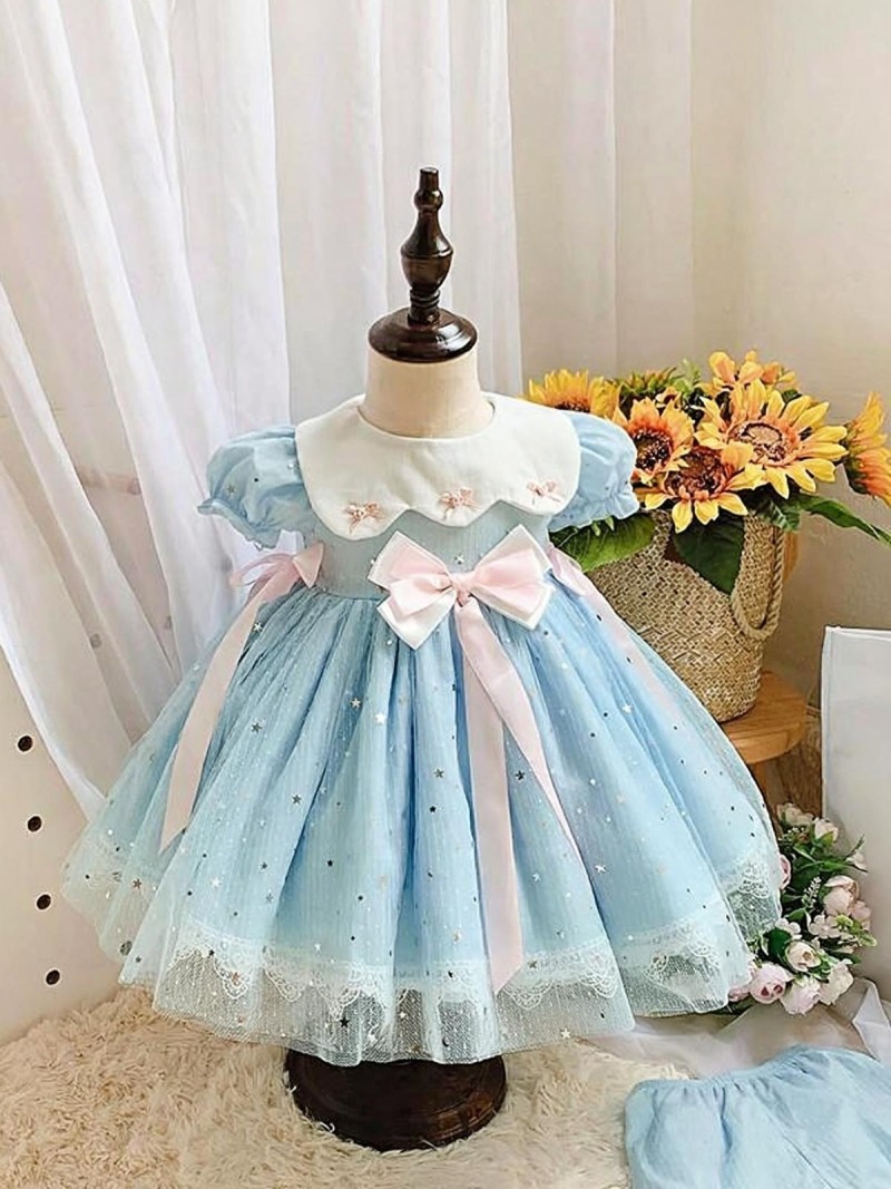 Mesh Bow Short Sleeve Midi Dresses - Blue - 100cm - image 1