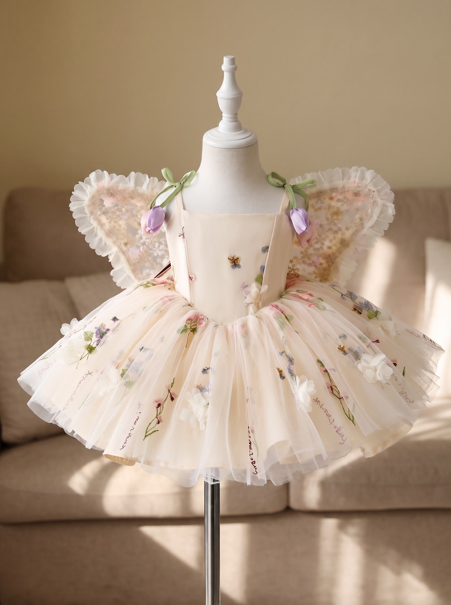 Mesh Rosette Sleeveless Midi Dresses With Hat And Wing - Light Yellow - 2-3Y - image 1