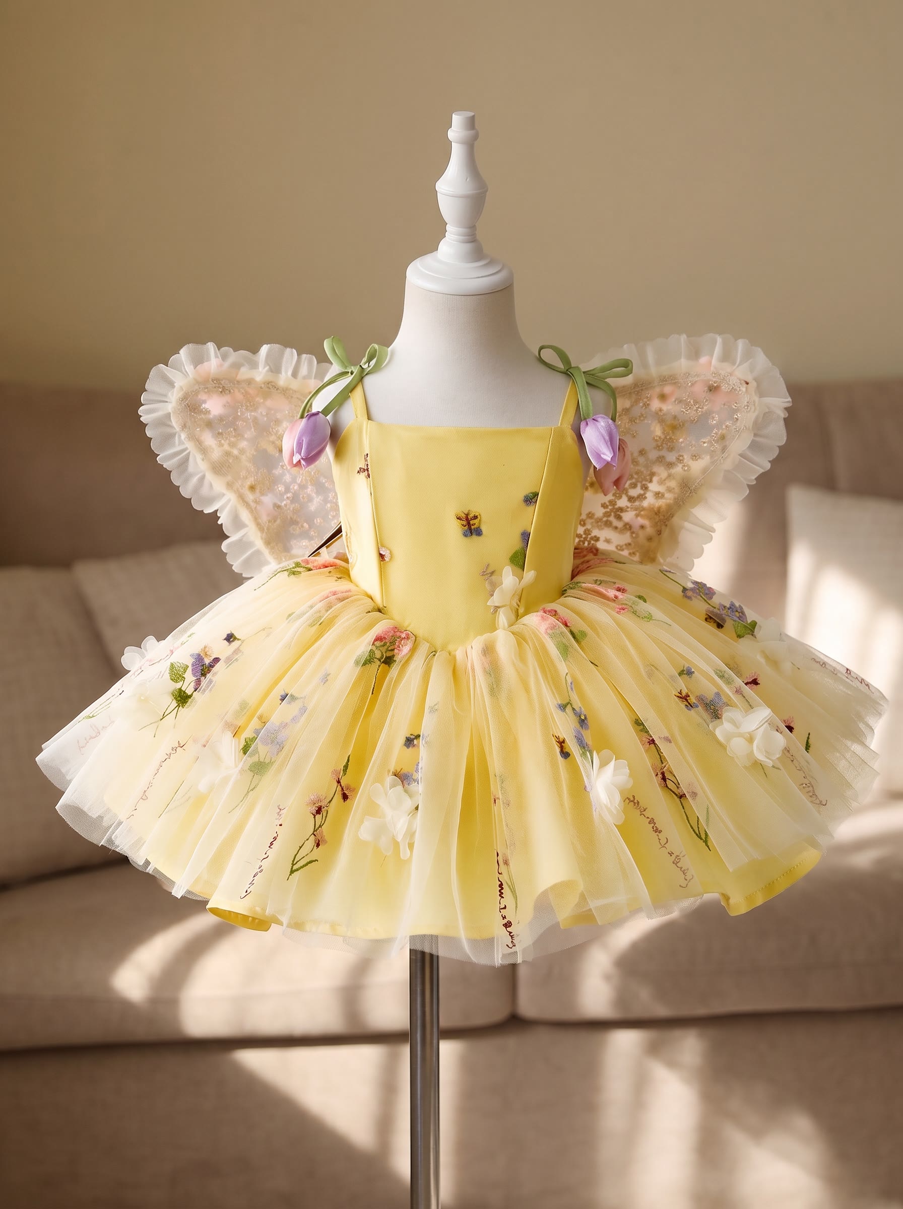 Mesh Rosette Sleeveless Midi Dresses With Hat And Wing - Yellow - 2-3Y - image 25