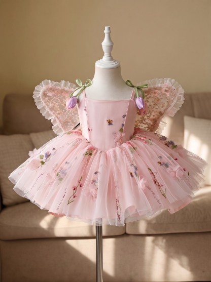 Mesh Rosette Sleeveless Midi Dresses With Hat And Wing - Pink - 2-3Y - image 13