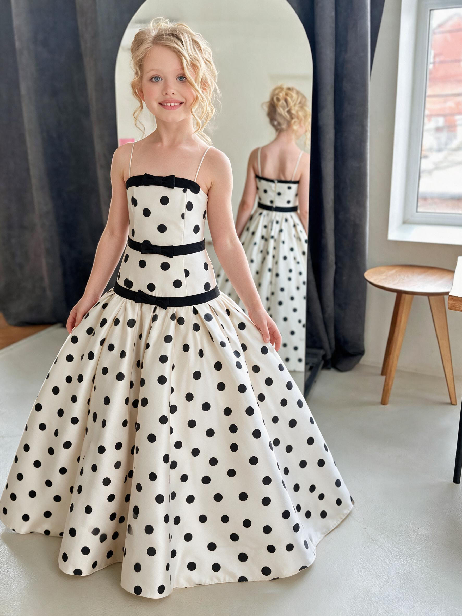 Satin Bow Sleeveless Maxi Dresses - Polka Dots - 13-14Y - image 1