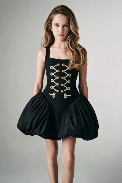 Chemical Fiber Blend Buckle Sleeveless Midi Dresses - Black - 13-14Y - image 1