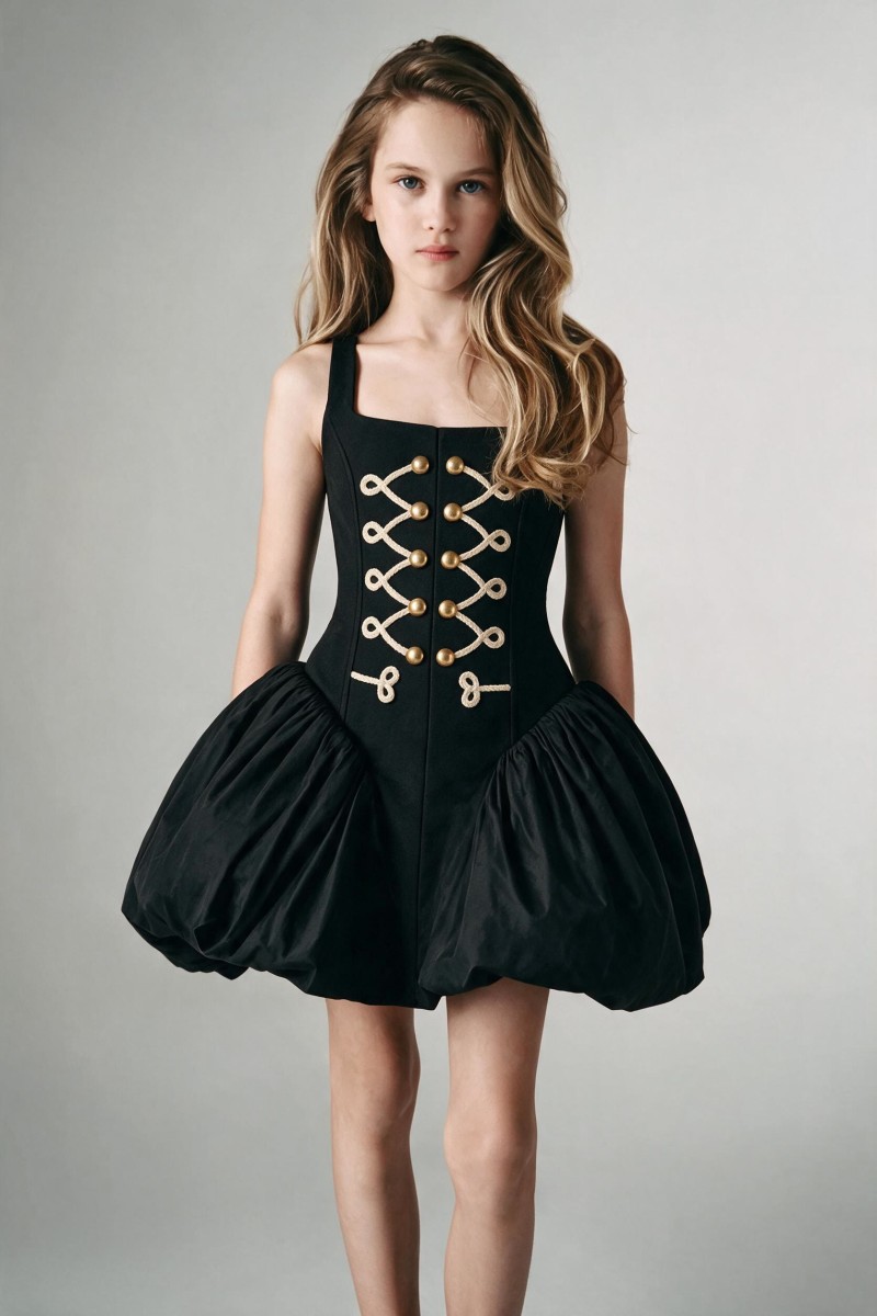 Chemical Fiber Blend Buckle Sleeveless Midi Dresses - Black - 13-14Y - image 1