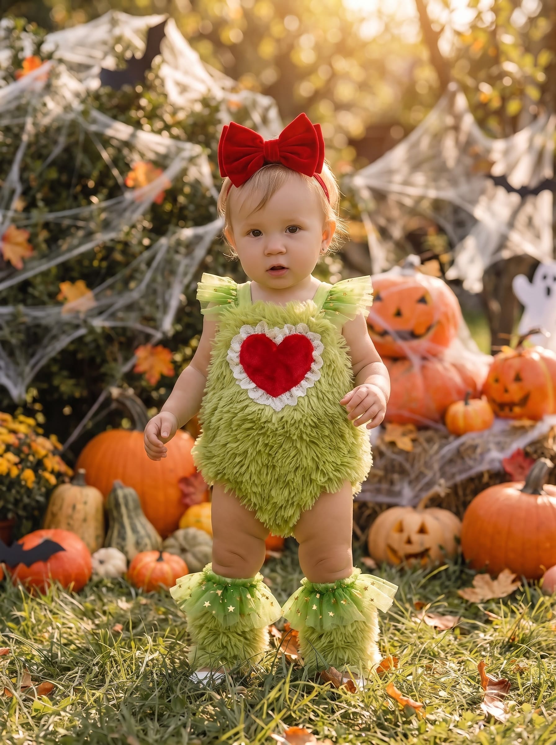 Fluff/Granular Fleece Fabric Split Joint Cap Sleeve Short Bodysuit With Leg Warmers No Accessories Included - Green - 1-2Y - image 1