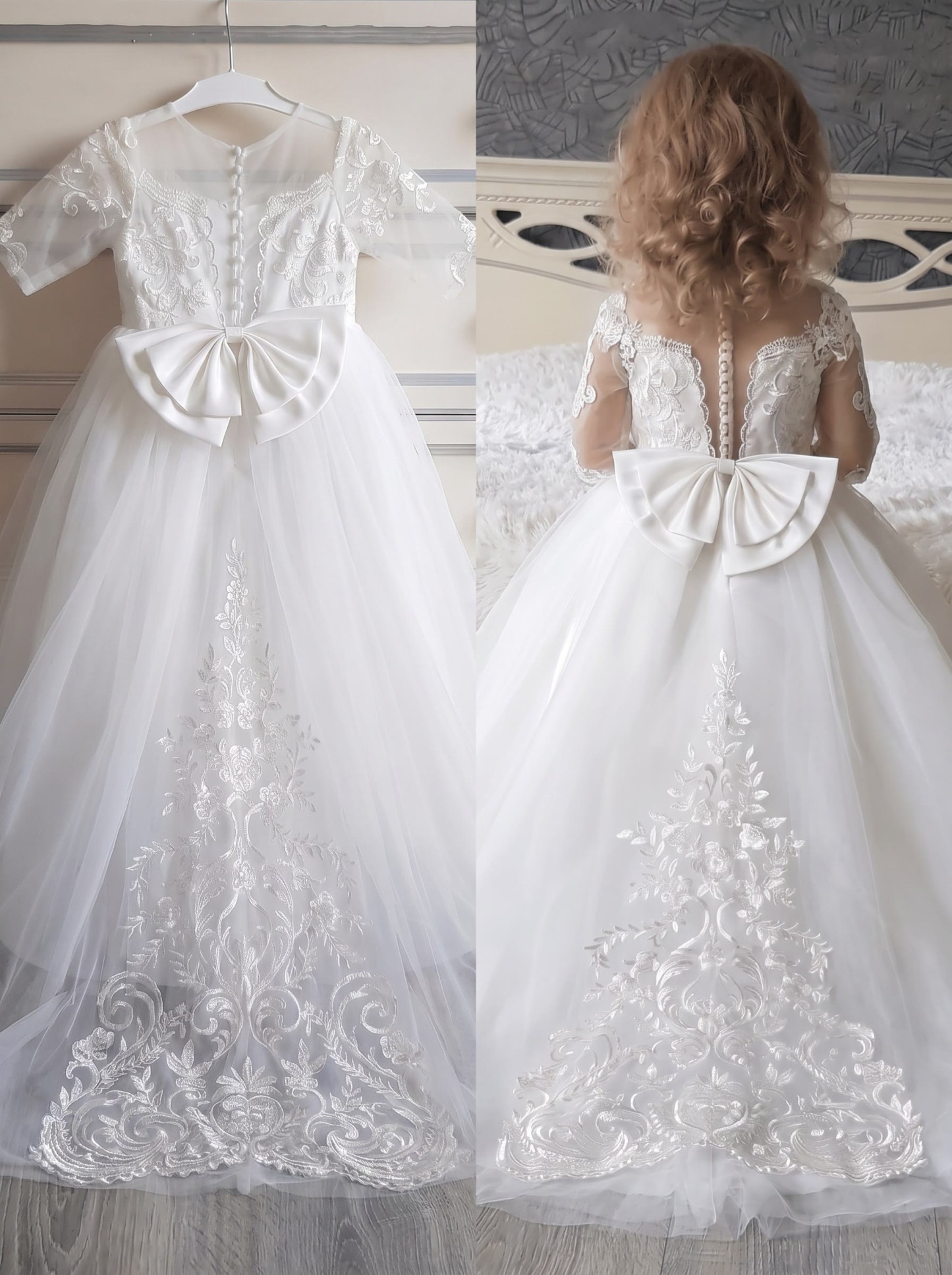Mesh Applique Bow Long Sleeve Maxi Dresses - White - 15-16Y - image 1