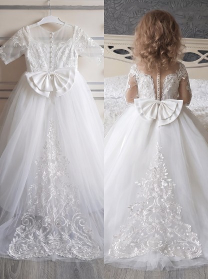 Mesh Applique Bow Long Sleeve Maxi Dresses - White - 15-16Y - image 1