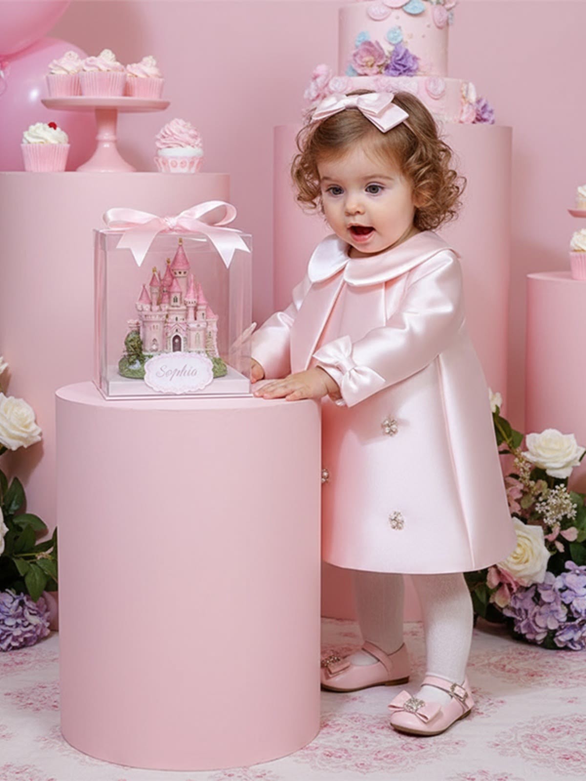 Satin Bow Long sleeve Midi Dresses - Pink - 7-8Y - image 1