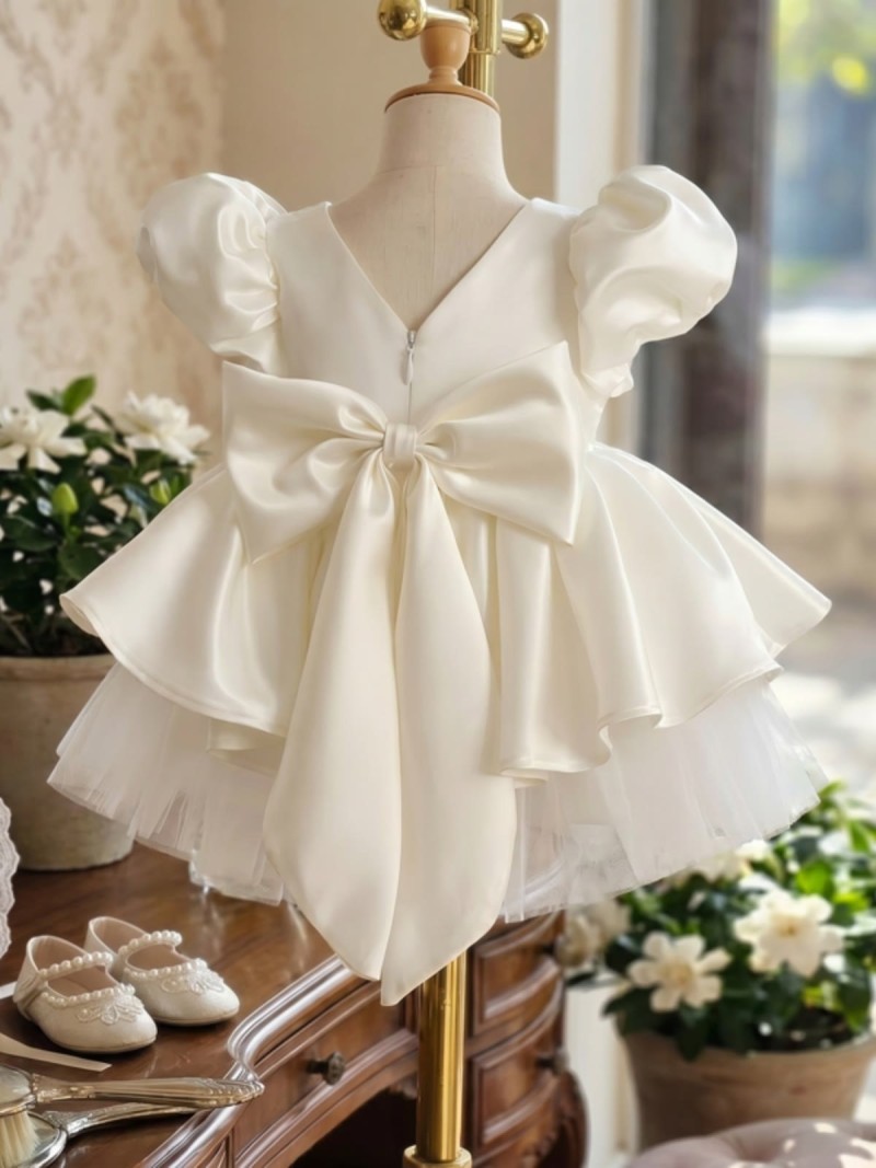 Satin Bow Short Sleeve Midi Dresses - Milky White - 12-14Y - image 1