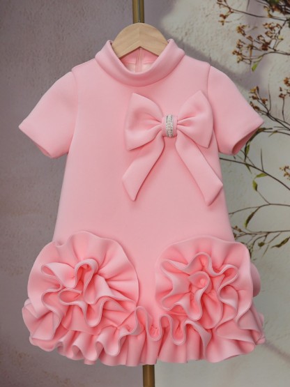 Scuba Knit Rosette Short Sleeve Midi Dresses - Pink - 6-8Y - image 1