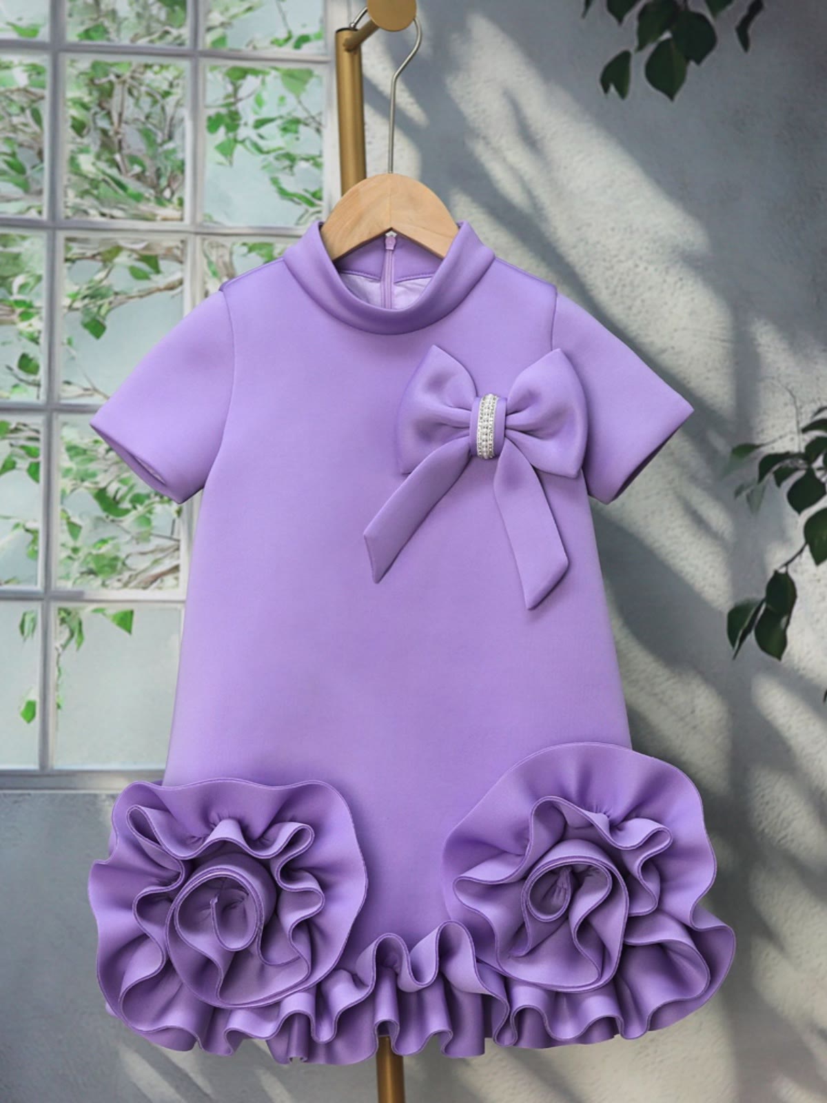 Scuba Knit Rosette Short Sleeve Midi Dresses - Purple - 6-8Y - image 5