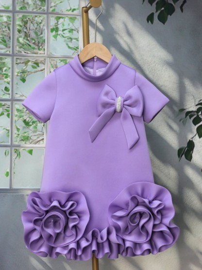 Scuba Knit Rosette Short Sleeve Midi Dresses - Purple - 6-8Y - image 5