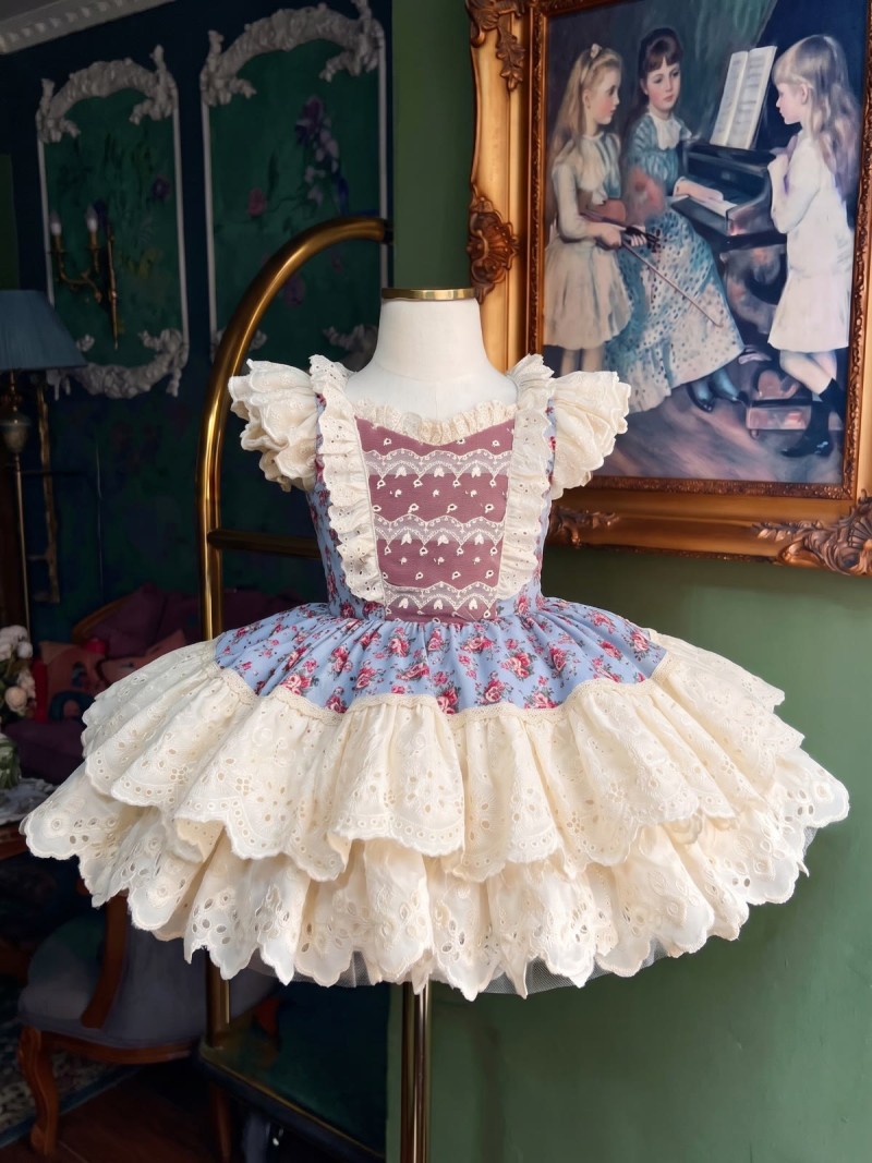 100% Cotton Stitching Lace Cap Sleeve Short Dresses - Cream - 5Y - image 1