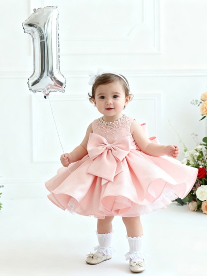 Chemical Fiber Blend Imitation Pearls Bow Sleeveless Mid-long Dresses - image 2