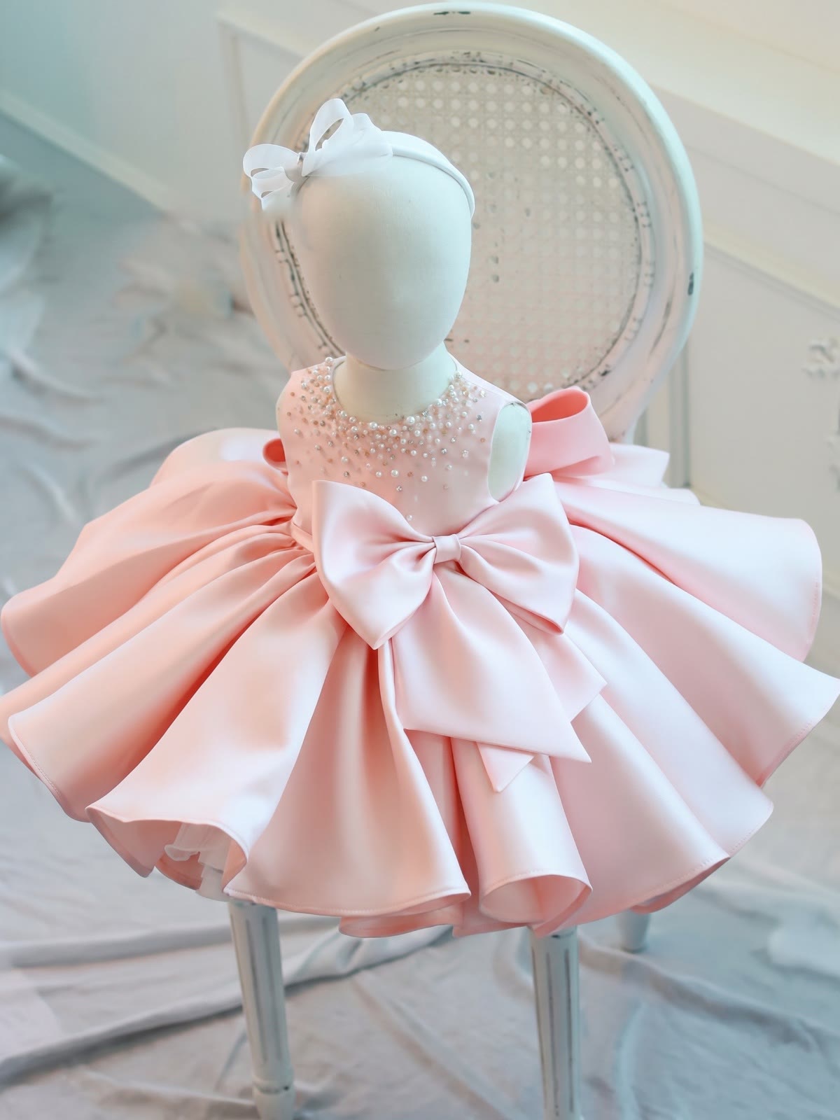 Chemical Fiber Blend Imitation Pearls Bow Sleeveless Mid-long Dresses - Pink - 9-10Y - image 1