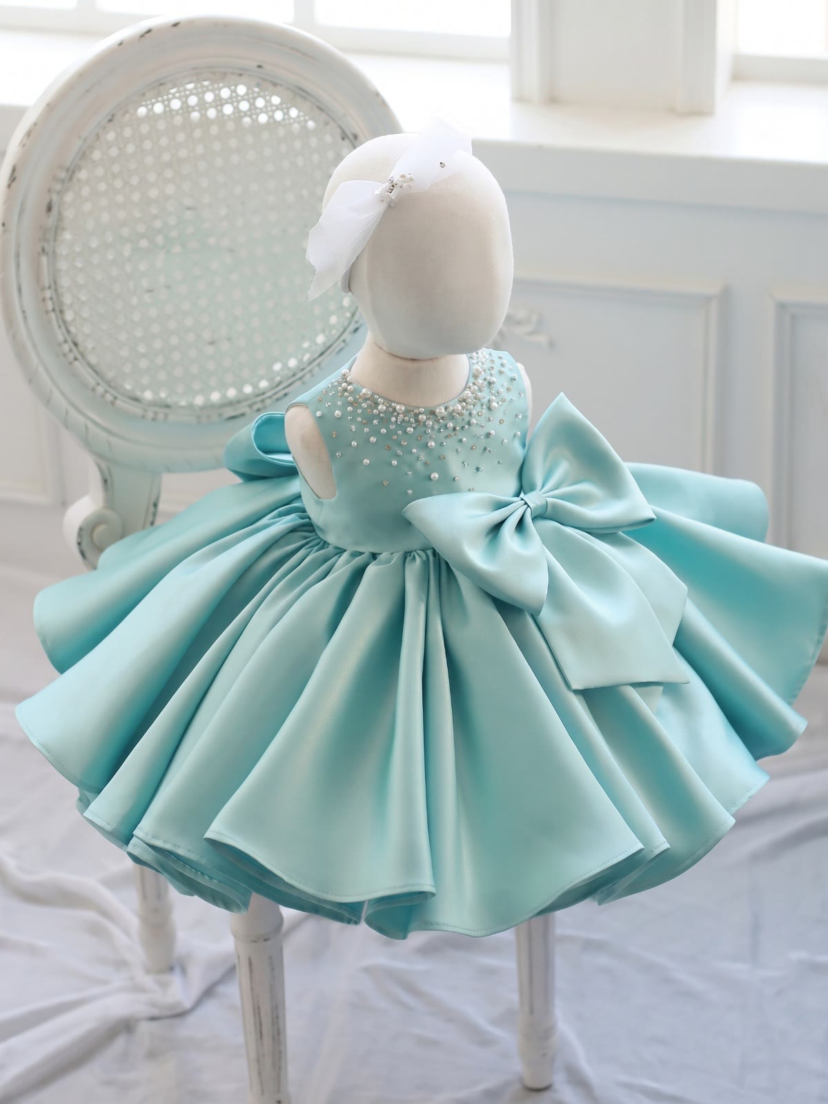 Chemical Fiber Blend Imitation Pearls Bow Sleeveless Mid-long Dresses - Green - 9-10Y - image 6