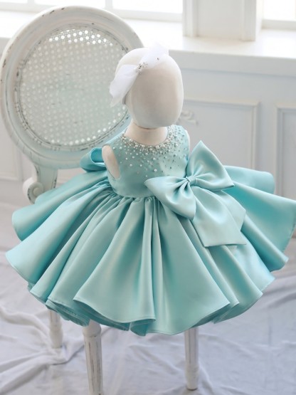 Chemical Fiber Blend Imitation Pearls Bow Sleeveless Mid-long Dresses - Green - 9-10Y - image 6