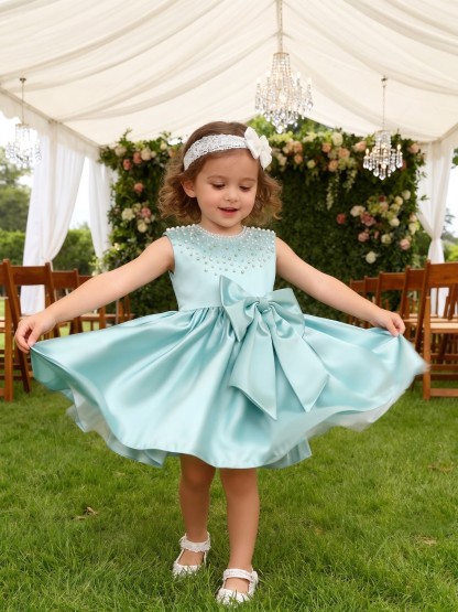 Chemical Fiber Blend Imitation Pearls Bow Sleeveless Mid-long Dresses - image 7