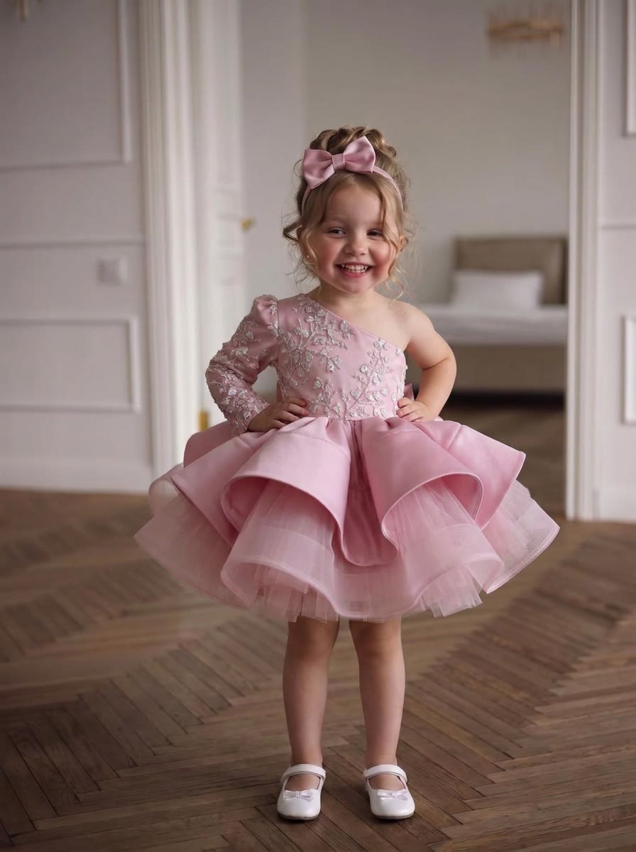 Satin Bow Long Sleeve Short Dresses - Pink - 150cm - image 1