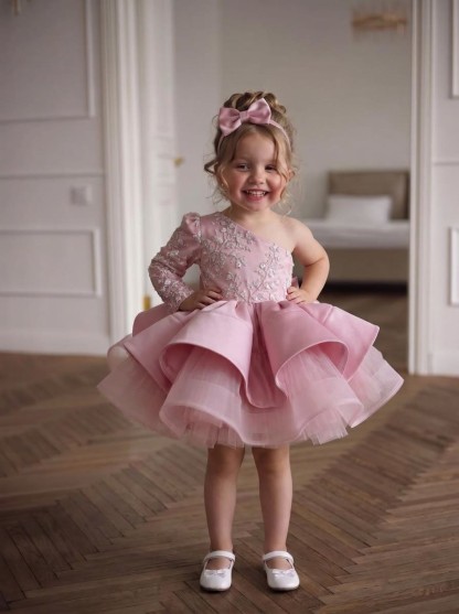 Satin Bow Long Sleeve Short Dresses - Pink - 150cm - image 1