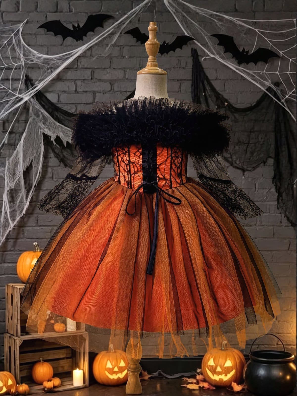 Mesh Lace Sleeveless Midi Dresses - Black & Orange - 8Y - image 1
