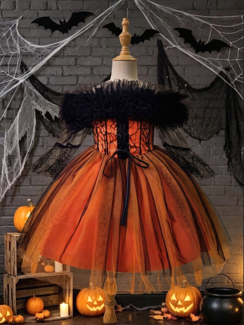 Mesh Lace Sleeveless Midi Dresses - Black & Orange - 8Y - image 1