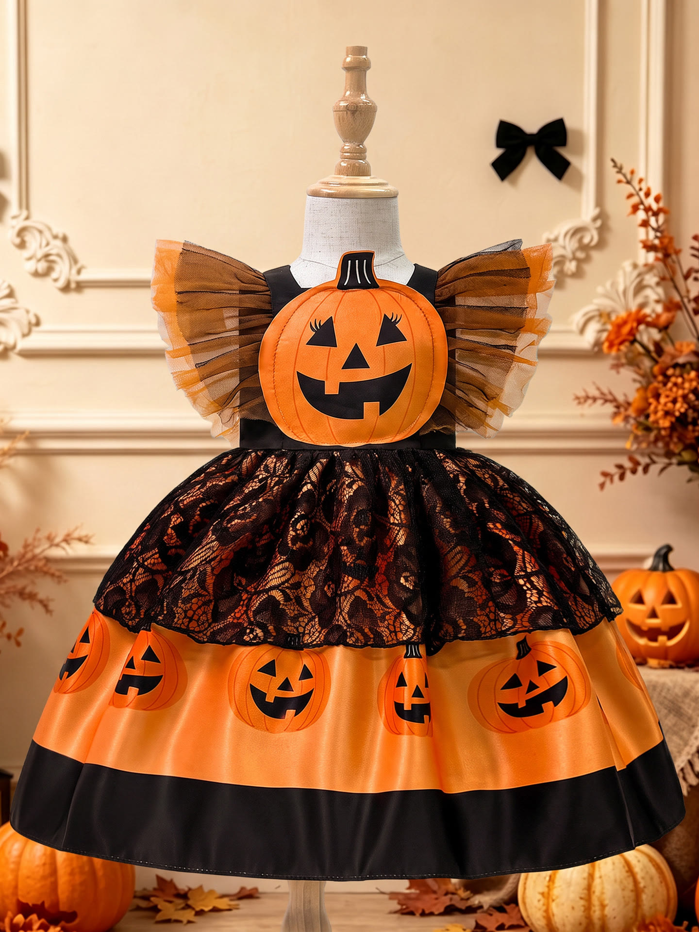 Satin Printing Cap Sleeve Midi Dresses - Black & Orange - 2-3Y - image 1
