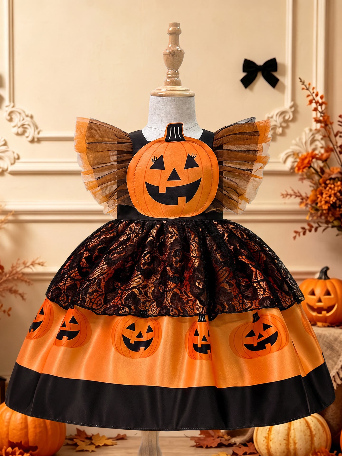 Satin Printing Cap Sleeve Midi Dresses - Black & Orange - 2-3Y - image 1