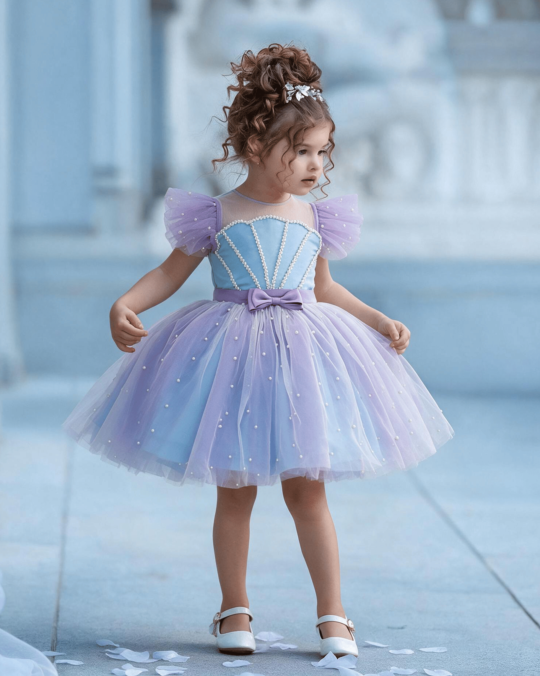 Mesh Bow Cap Sleeve Midi Dresses - Light Blue - 15-16Y - image 1