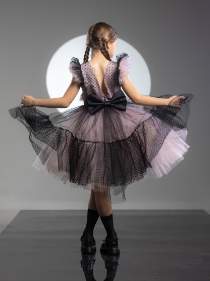 Mesh Bow Cap Sleeve Midi Dresses - Black - 9-11Y - image 1