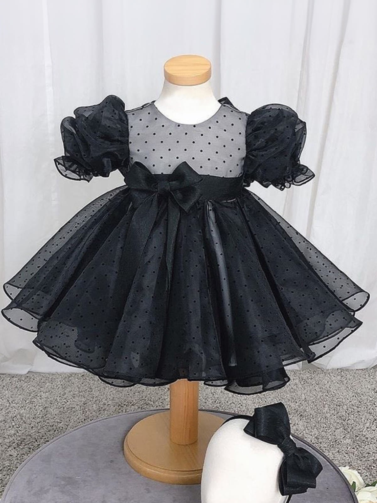 Mesh Bow Short Sleeve Midi Dresses - Black - 150cm - image 1