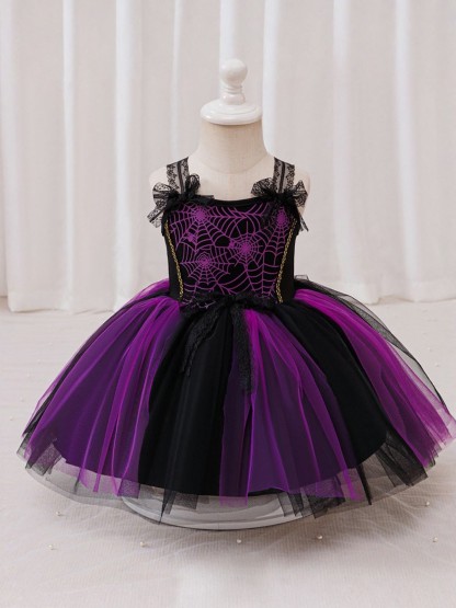 Mesh Bow Sleeveless Midi Dresses - Dark Purple - 2-3Y - image 1