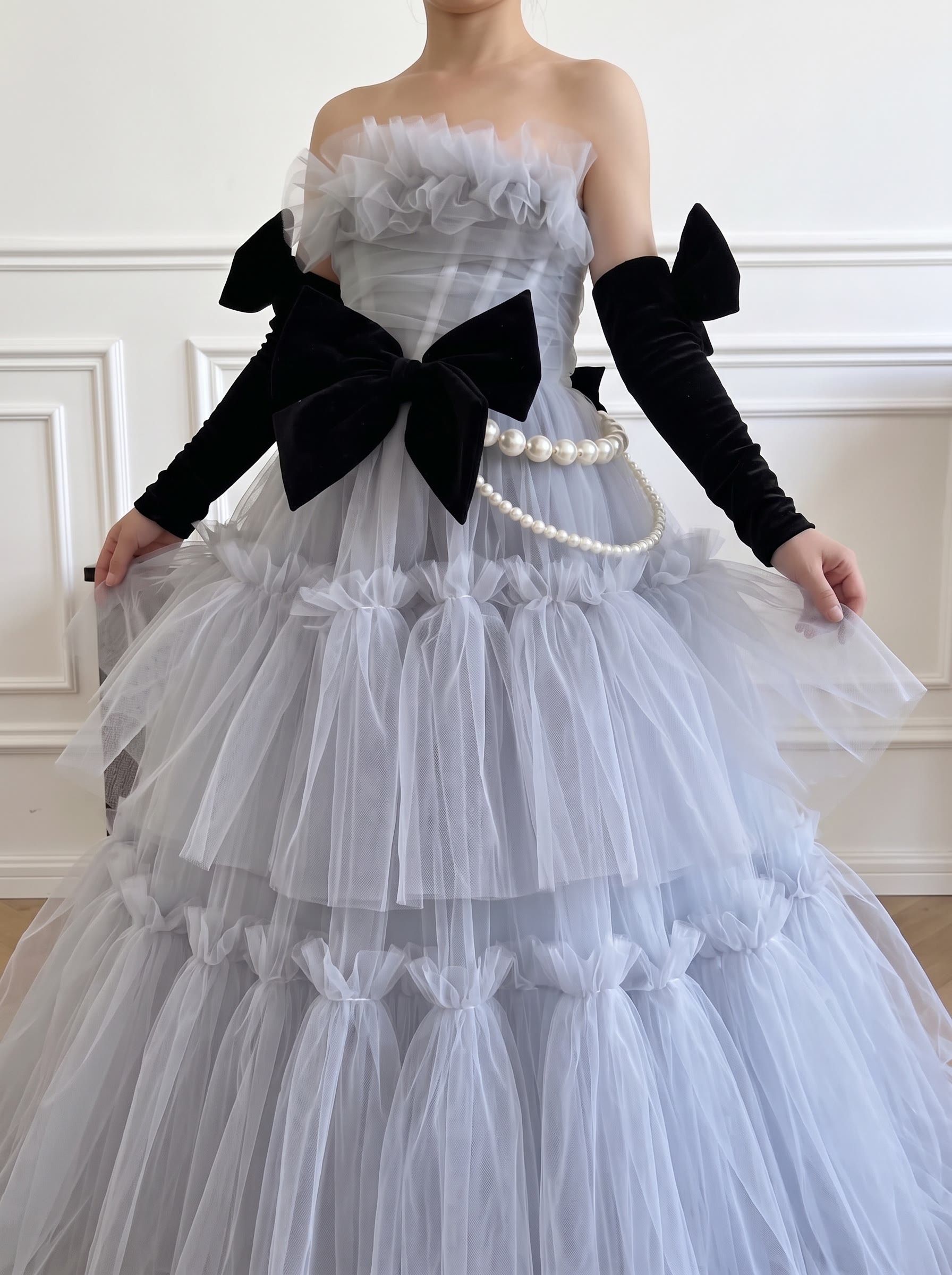 Mesh Bow Imitation Pearls  Ruched Gathered Sleeveless Maxi Dresses With Gloves - image 14