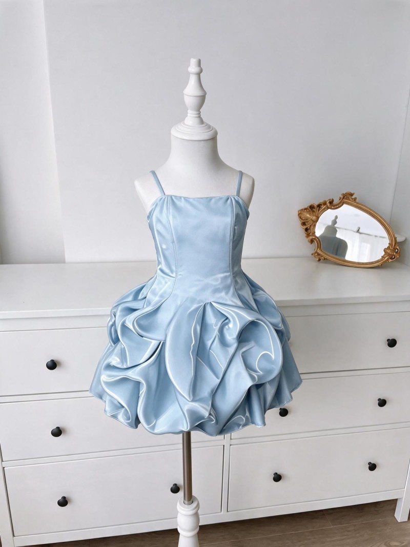 Satin Ruched Sleeveless Short Dresses - Blue - 140cm - image 1