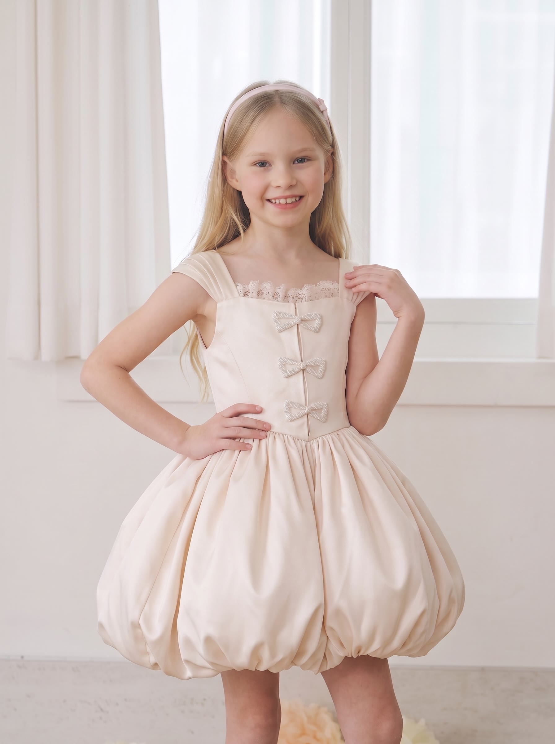 Satin Bow  Lace Edge Sleeveless Midi Dresses - Light Champagne - 13-14Y - image 1